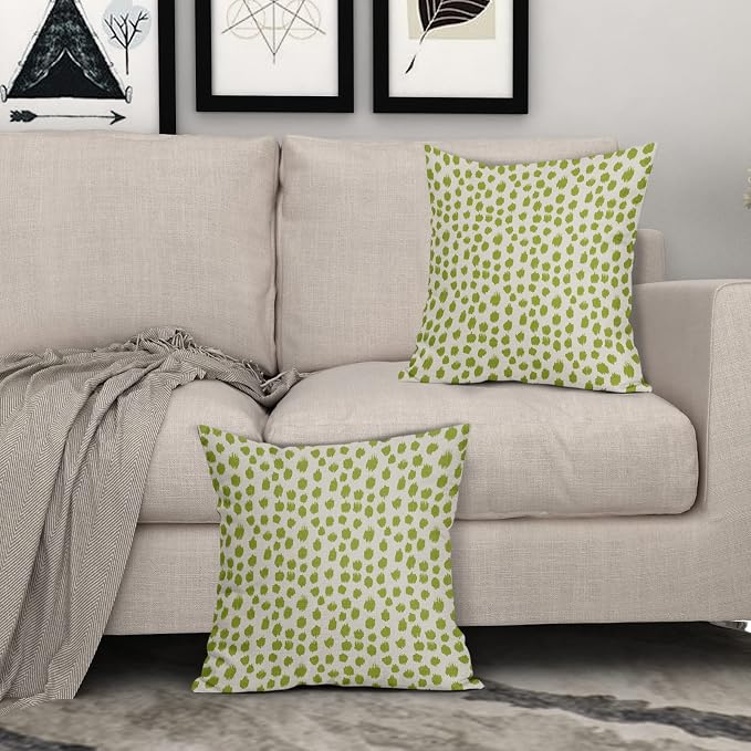 Lime Green Cream Pillow Covers 16x16 Set of 2 Boho Design Polka Dot Throw Pillows Modern Brush Strokes Print Decorative Outdoor Pillowcase Square Cushion Cover Linen Pillow Case for Sofa Couch Bed