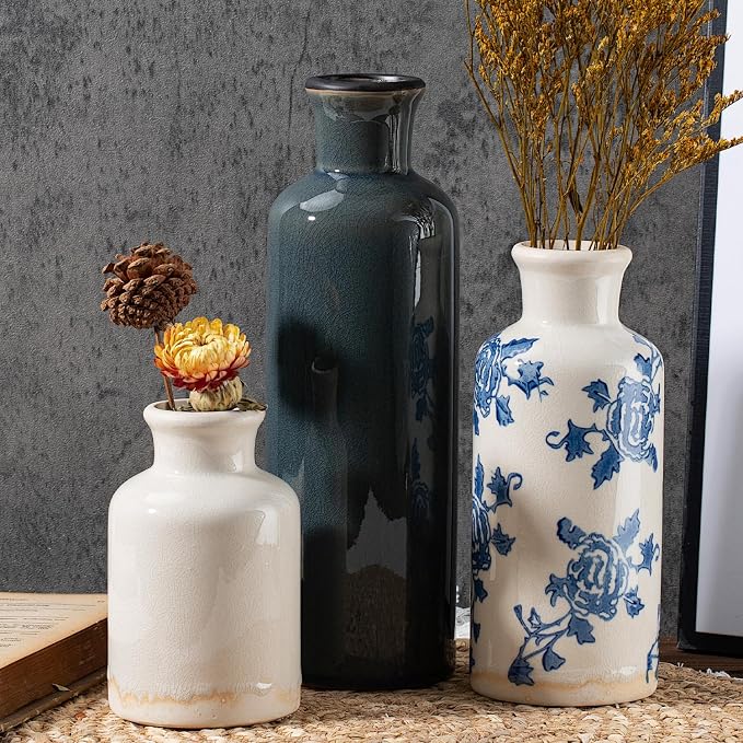 Ceramic Vintage Vase Set of 3, Blue and White Crackle Glaze, Chinoiserie Floral Decor for Farmhouse Shelf, Table Centerpiece, Mantel, Living Room & Office