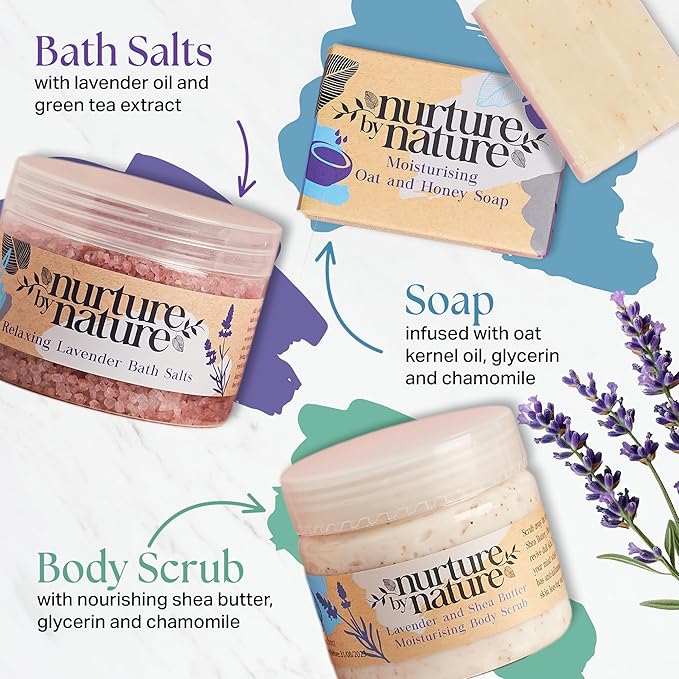 Nurture by Nature Spa Gifts for Women - Self Care Gift Set & Spa Gift Basket for Women, 6 Piece Bath Set with Candle, Bath Bomb, Salts & Pillow Spray - Relaxation Gifts, Mothers Day Gifts for Mom