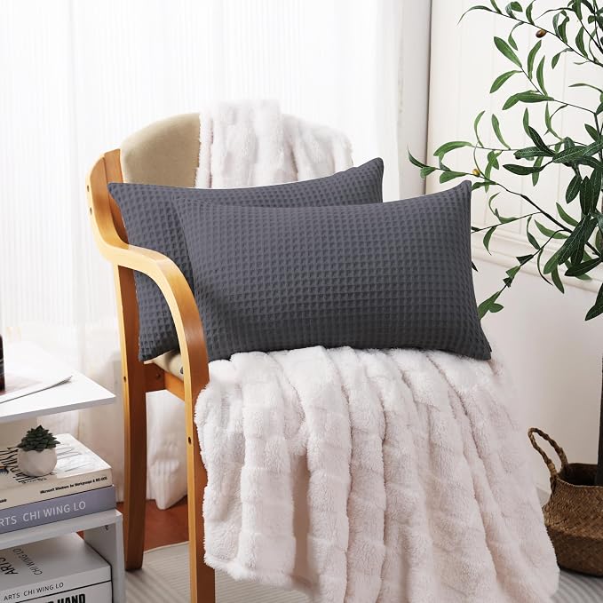 100% Egyptian Cotton 600 TC Waffle Weave Lumbar Pillow Covers 2 Pack | Ultra Soft Breathable Rectangle Throw Pillow Covers, Decorative Cushion Covers for Bed Couch Sofa Car, Dark Grey, 12" x 20"
