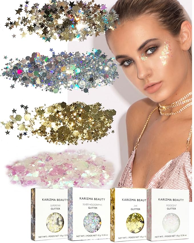KARIZMA Metallic Glitter Pack! 4X 10g Chunky Face Glitter, Hair Glitter, Eye Glitter and Body Glitter for Women and Men. Rave Glitter, Festival Accessories and Cosmetic Glitter Makeup