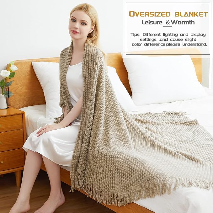 Blagic Knit Throw Blanket for Couch and Bed with Tassels,Camel, 50"x60" | Soft Farmhouse Boho Throw Blanket with Tassels,Decorative for Living Room,Gifts for Adults,All Season Use