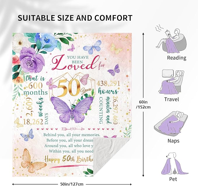 50th Birthday Gifts for Her, 50th Birthday Gifts for Women, 50 Year Old Present for Women, 1976 Present for Woman, Fifty Bday Stuff for Woman Throw Blanket 50"X60", Happy 50 Bday