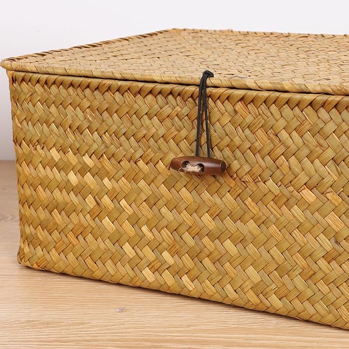 FEIALNDUO Wicker Shelf Baskets with Lid,Seagrass Storage Basket Bins Rectangular Handwoven Basket Boxes for Shelves Desktop Home Organizer (Natural, Large)