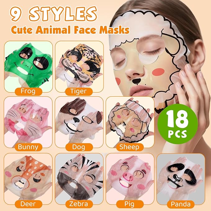 18 Pack Animal Face Mask for Kids, Bulk Sheet Face Masks Skincare for Girls, Collagen Hydrating Face Mask Spa Party Gifts for Teens, Easter Basket Stuffers, Birthday Gifts for Women