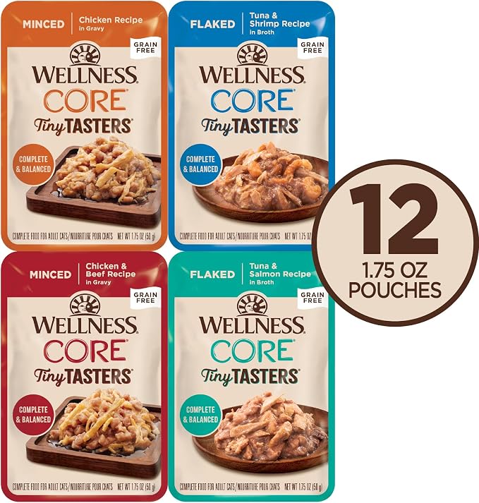 Wellness CORE Tiny Tasters All Forms Variety Pack Adult Wet Cat Food, Natural, Protein Rich, Grain Free, Poultry and Seafood Recipes, 1.75 oz, Pack of 12 Pouches
