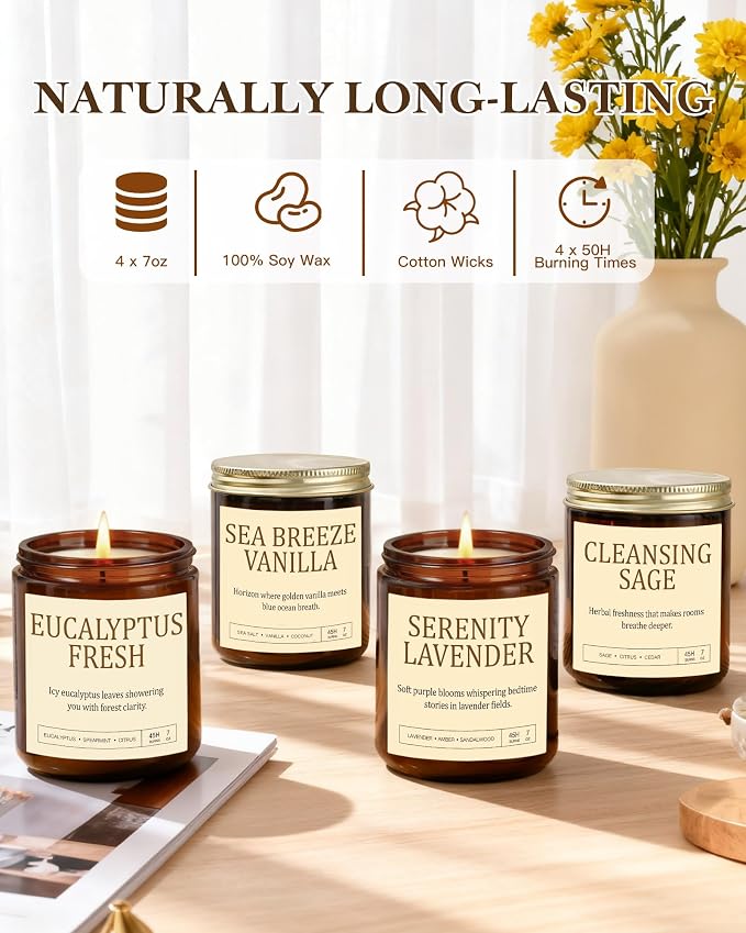 Scented Candles Gift Set, Long Lasting 4 Pack Aromatherapy Candles for Home | 28oz 200 Hour Burn, Purifying Sage, Sea Breeze Vanilla, Calming Lavender, Fresh Eucalyptus, Gifts