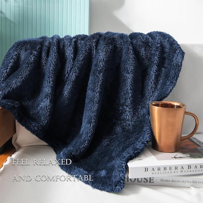 Exclusivo Mezcla Fuzzy Plush Fleece Bed Blanket Queen Size, Navy Blue | 90x90 Inches, Super Soft and Cozy Bed Blanket, Fluffy Decorative Bedding for Livingroom, Bedroom, All Season