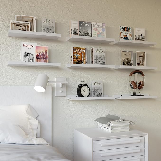 RICHER HOUSE 8 Set Floating Wall Mounted Shelves, Nursery Hanging Book Shelves with Lip for Storage, White Display Picture Ledge Shelf for Bedroom Bathroom Kitchen Living Room Wall Decor, Modern White | Display Picture Ledge Shelf, Anti-drop lip Shelf ...