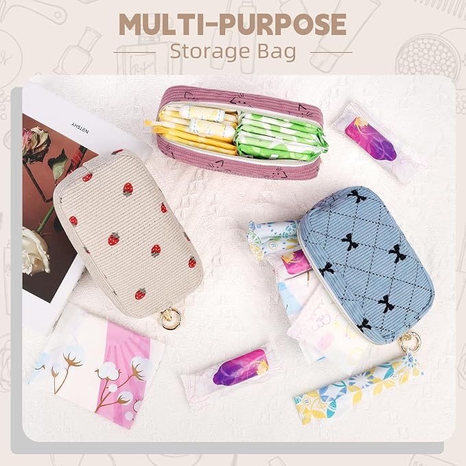 Corduroy Tampon Holder for Purse, Cute Period Bag with Ring Buckle, Portable Tampon Bag Organizer Case for Feminine Products (Cats-Beige)