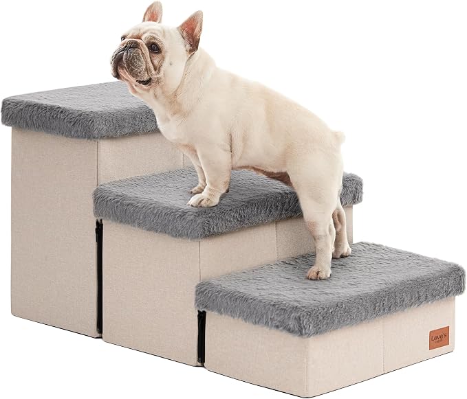 Love's cabin Dog Stairs for High Bed, Foldable Pet Stairs for Small Medium or Large Dogs Puppy with Storage for Bed or Couch, Cat Dog Steps Ramp with Zip up to 200 lbs, Grey, 3 Steps
