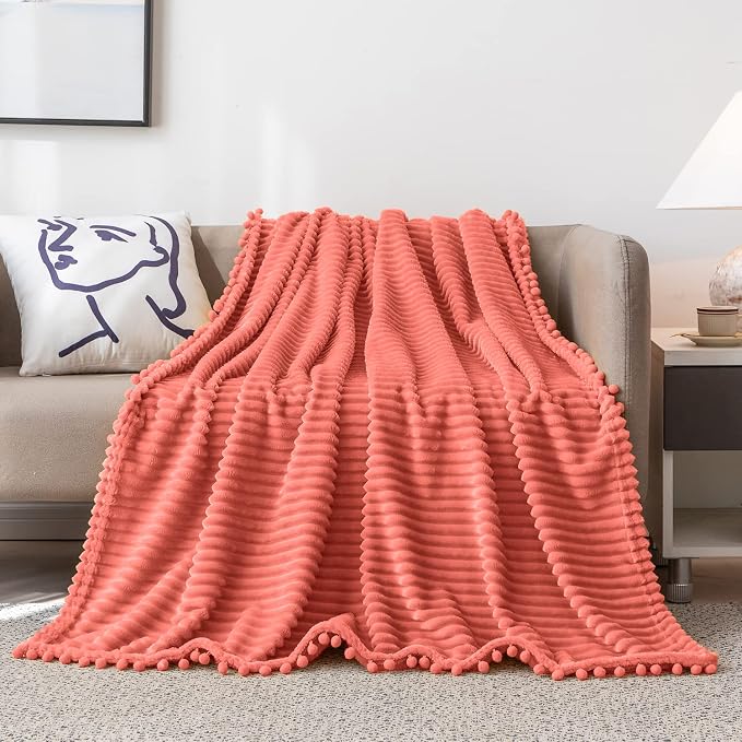 DISSA Fleece Blanket Queen Size – 90x90, Coral - Soft, Plush, Fluffy, Fuzzy, Warm, Cozy – Perfect Throw for Couch, Bed, Sofa - with Pompom Fringe - Flannel Blanket