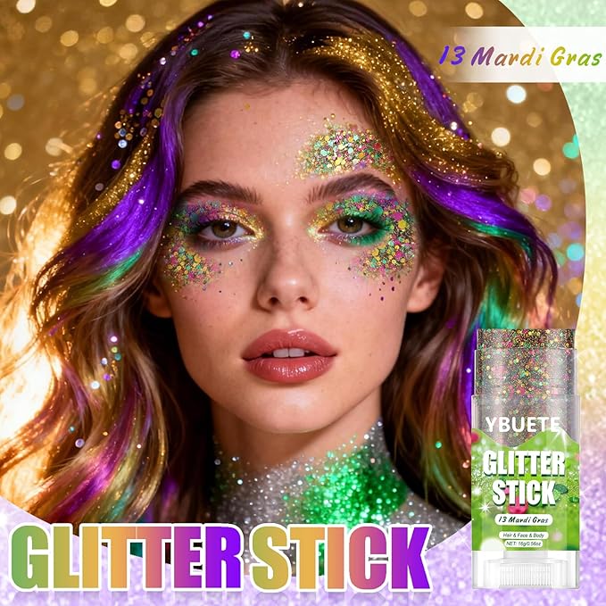 Mardi Gras Face and Body Glitter Stick for Sparkling Makeup, Hair Glitter Accessories for Women, Highlighting Stick for Fairy Dust, Cheerful Face Glitter for Festive Parties and Carnivals