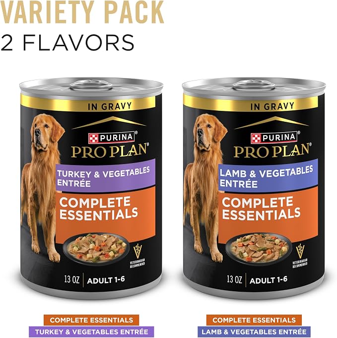 Purina Pro Plan Complete Essentials Wet Dog Food Variety Pack, (12) 13 oz | Lamb & Vegetables and Turkey & Vegetables Entrees, high protein dog food in gravy, supports a healthy immune system