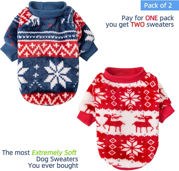 FabriCastle Christmas Dog Sweater, 2-Pack Dog Clothes, Ultra Soft and Warm Pet Jackets for Small Dogs & Cats, Winter Pet Apparel Costumes, Puppy Outfits (Red,Blue, Medium)