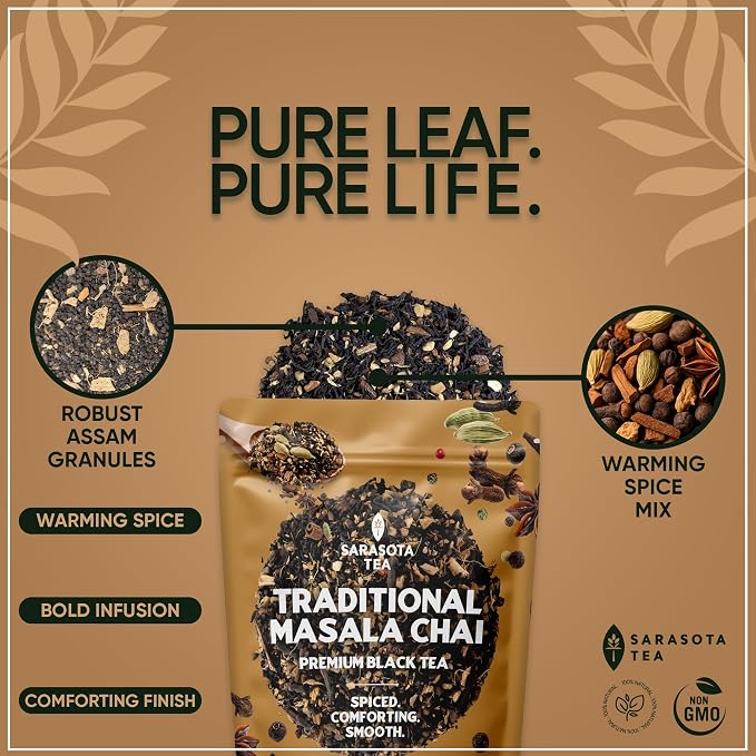 Authentic Masala Chai Loose Leaf Tea | Traditional Indian Spiced Black Tea | Bold Gourmet Blend with Cinnamon, Cardamom, Ginger & Clove | 1lb Bulk Bag | Caffeinated | Non-GMO