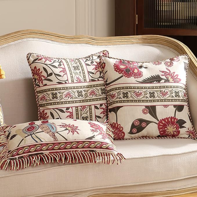 patdrea Vintage Linen Throw Pillow Cover,18"x18",Set of 2-Schumacher B | Elegant Decorative Pillow Case with Zipper,Floral Pattern,Cushion Coverfor Couch Living Room Bedroom Sofa