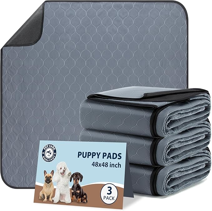 Bunlitent Washable Pee Pads for Dogs 48" x 48", Reusable Puppy Pads 3 Pack | Grey, Reusable, Fast Absorbent, Waterproof, Non-Slip, For Whelping, Training, Incontinence & Potty, For Dog Playpen, Crate