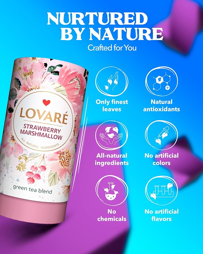 LOVARE Strawberry Marshmallow Loose Leaf Tea 80 g - Made in Ukraine - Green Tea, Cornflower Petals - Gift Box with 15 Paper Filters (Strawberry Marshmallow)