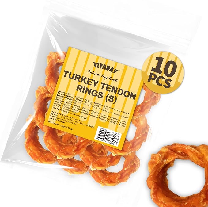 VITADAY All Natural Turkey Tendon Dog Treats Ring (S) 10 Pcs Value Pack | Long-lasting dog training treats, Rawhide-free made of USA-sourced turkey