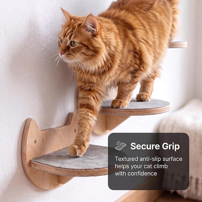 Cat Wall Shelves, Floating Bed with 3 Cat Wall Steps - Natural | Pre-Drilled Anchor Kit for Easy Mount, Cozy Spot for Climbing & Play, Indoor Cats up to 18 lbs, Solid FSC Birch Wood