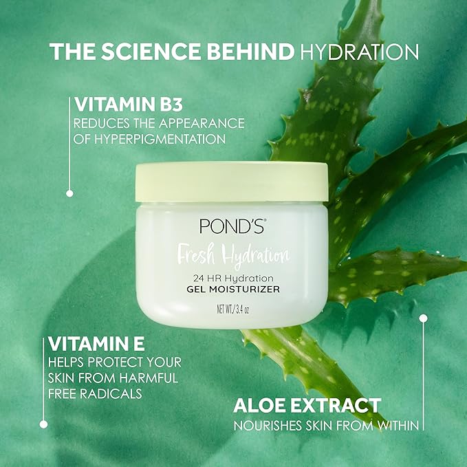 POND’S Fresh Hydration Gel Moisturizer – 24 HR Hydration with Aloe Vera Extract, Vitamin E & B3 Niacinamide – Alcohol & Oil-Free Face Moisturizer – Dermatologist Tested, 3.4 oz