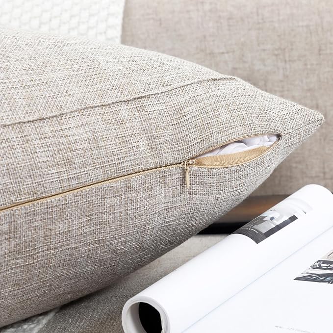 18x18 Inch Burlap Linen Throw Pillow Covers, Pack of 2 Decorative Farmhouse Rustic Neutral Pillow Cases Square Durable Cushion Cover for Sofa Couch Bed Home Decor, Beige/Khaki Threads