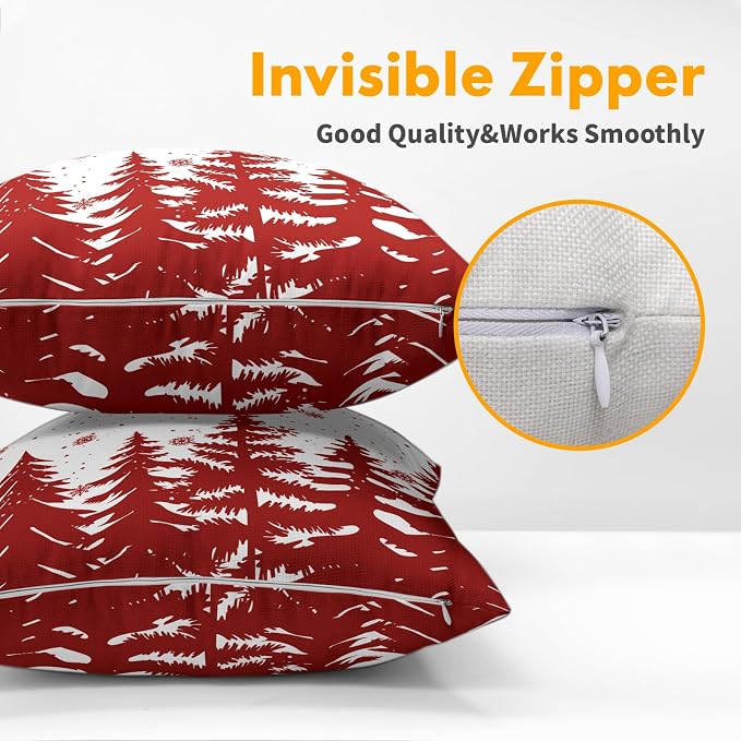 Kawani Christmas Trees Pillow Covers 22x22 Inches, 2 Pcs Red White Xmas Snowflakes Pine Tree Pillowcase Cotton Linen Square Cushion Case for Couch Bed Sofa Holiday Party Home Décor