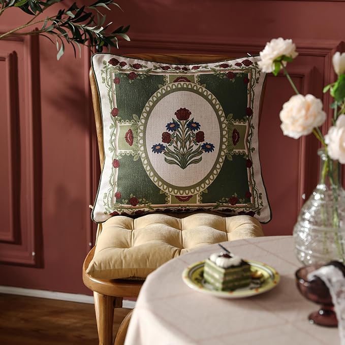 Elegant French Linen Throw Pillow Cover,Set of 2,18"x18"-Estonia B | Designer Vintage Square Pillow Cover,Concealed Zipper Design,Floral Pattern,Sofas,Bedroom,Living Room,Lounge Chairs