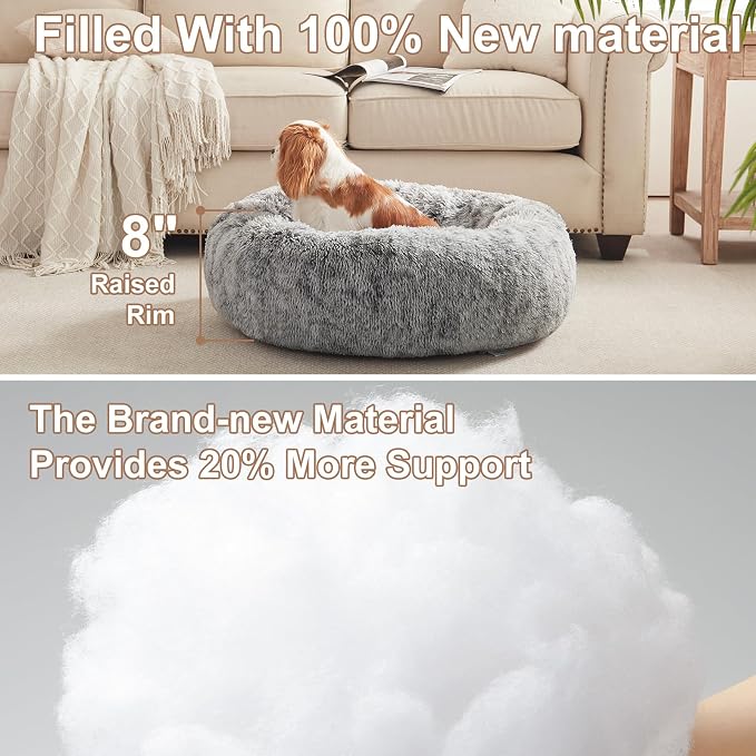 30 inches Faux Fur Fluffy Donut Dog Bed for Medium Dogs,Dark Grey | Calming Plush Round Pet Bed with Removable & Washable Cover,Fits up to 45 lbs Pets