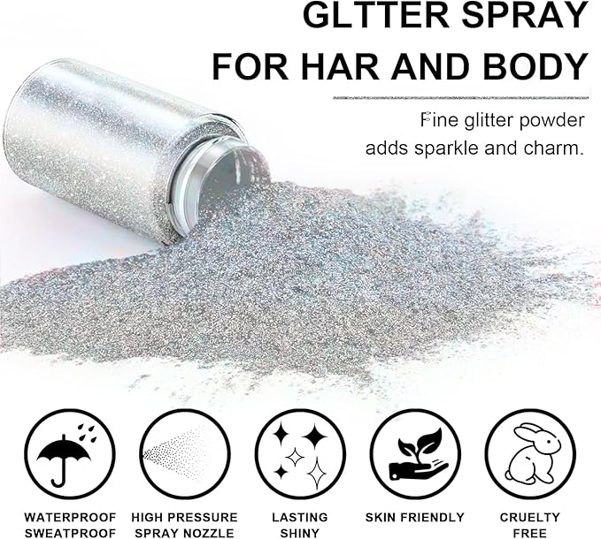 Hair and Body Glitter Spray, 1PC Hair Glitter Extra Fine Face Shimmer Powder for Clothes, Festival Loose Sparkle Powder for Rave Clothes Nail Art Easter Halloween Crafts (Silver)
