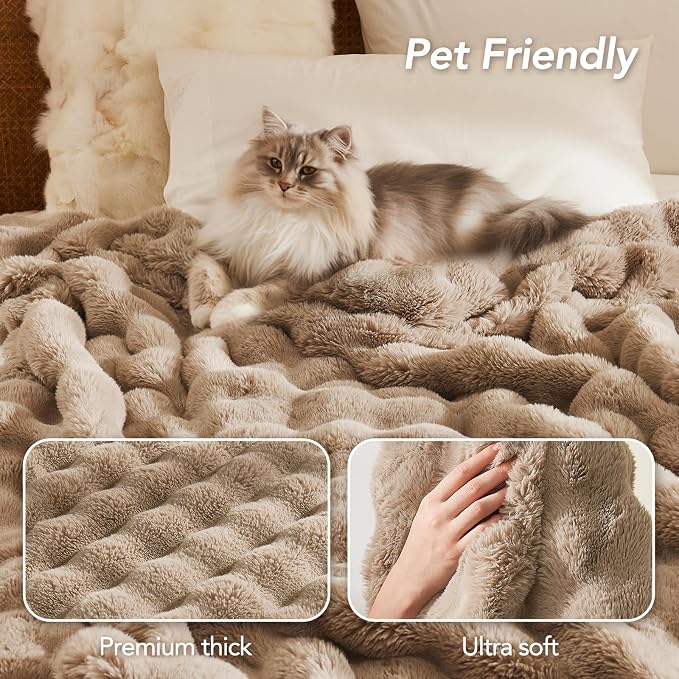 L'AGRATY Faux Rabbit Fur Throw Blanket for Couch, 90'' x 90'', Light Linen | Soft Cozy Bubble Fluffy Blanket for Sofa Bed, Thick Warm Plush Fuzzy Throw for Room Home Decor, Luxury Gift for Women Mom