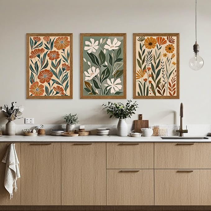Urmoya 3 Pieces Boho Floral Decor Flower Market Wall Art, 16x24 Inch | Wood framed, Chic green and beige botanical trio, Ready to hang, for living room, Office, or guest bedroom home decor