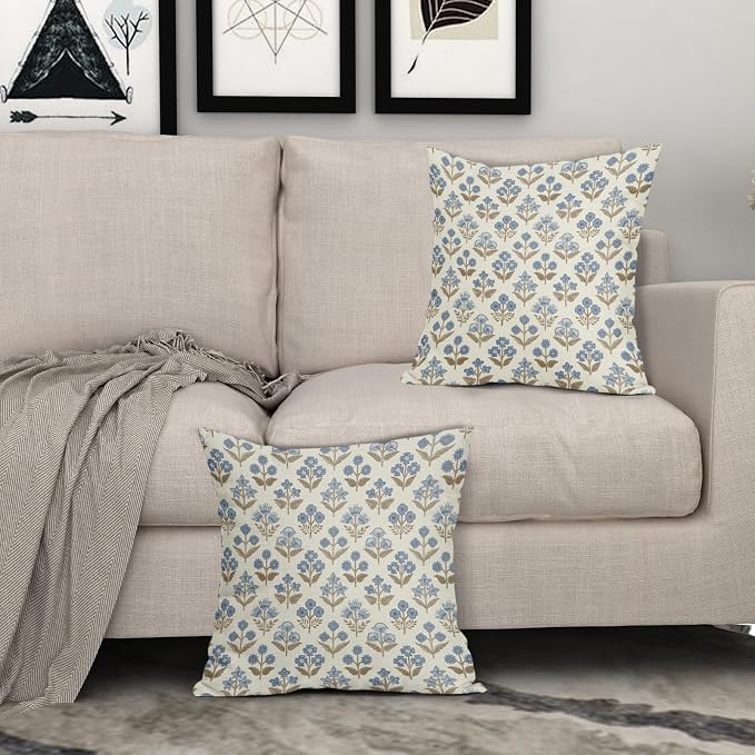 Brown Blue Floral Pillow Covers 24x24 Inch Set of 2, Vintage Flower Block Print Pattern Decorative Throw Pillowcases Outdoor Farmhouse Cushion Covers Spring Summer Rustic Sofa Couch Bed Decor