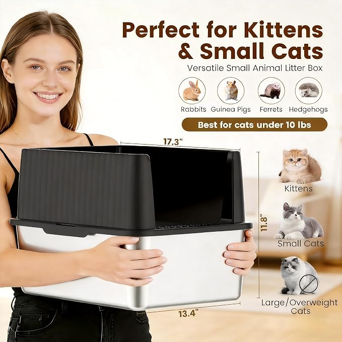 Stainless Steel Small Cat Litter Box, 11.8" High Sides, Low Entry | Litter Scatter & Urine Spray Control, Non-Stick Surface, Easy Scooping, Durable Build, Compact Footprint for Small Spaces