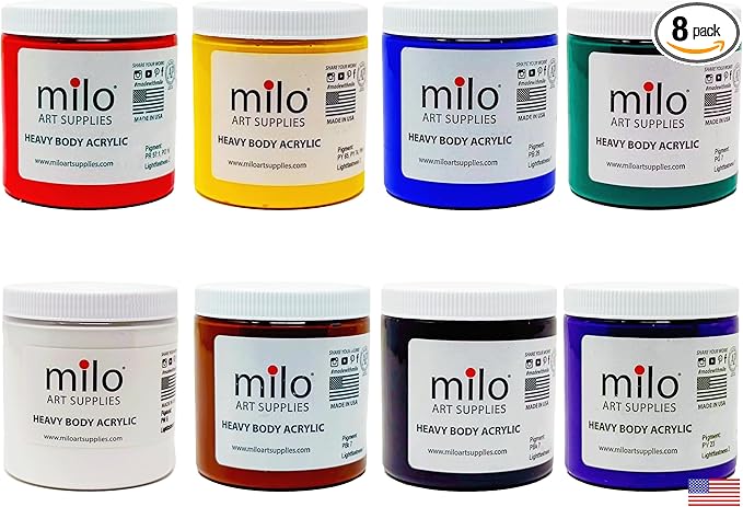 milo Acrylic Paint Set of 8 Colors | 8 ounce Jars | Heavy Body Acrylic Painting Set | Made in the USA | Non-Toxic, Holds Texture and Brush Strokes