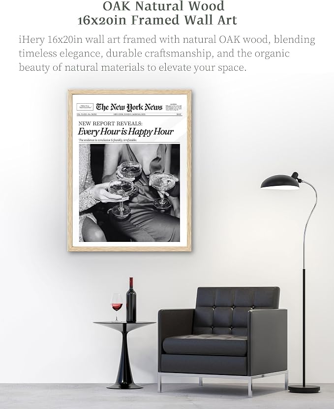 iHery 16x20in Every Hour Is Happy Hour Framed Newspaper Wall Art | Natural OAK Wood Frame with Canvas Print, Retro Editorial Decor for Bedroom, Girl Dorm, Living Room and Gallery Wall, 1Pack