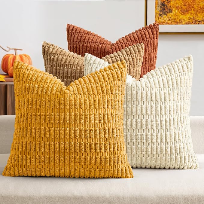 MIULEE Pack of 4 Fall Corduroy Decorative Throw Pillow Covers 18x18 Camel | Neutral Rustic Farmhouse Boho Soft Striped Pillow Covers,Home Decor for Sofa,Living Room,Couch,Bed