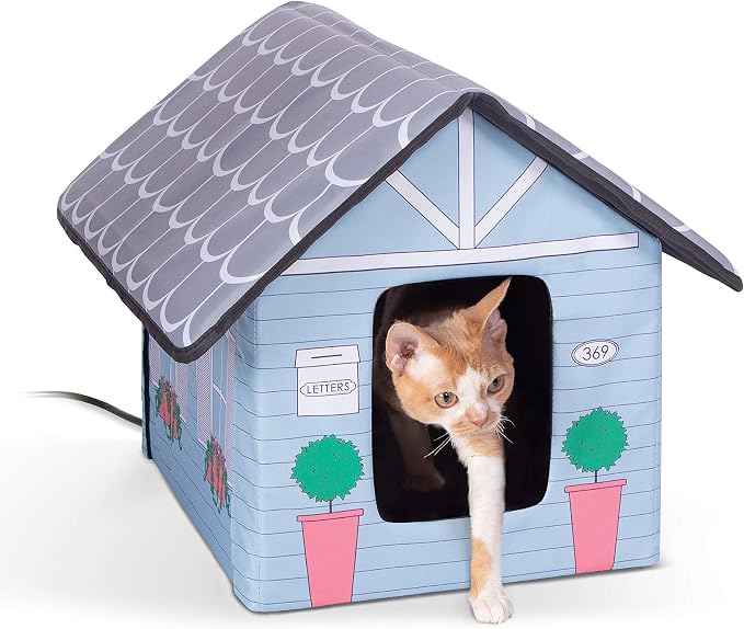 K&H Heated Cat House, Outdoor Kitty Shelter, Safety Listed, 20W, Cottage | Heated Cat House for Outside, Weatherproof Shelter for Ferals, Insulated with Smart Thermostat, 2 Doors, Waterproof Bed