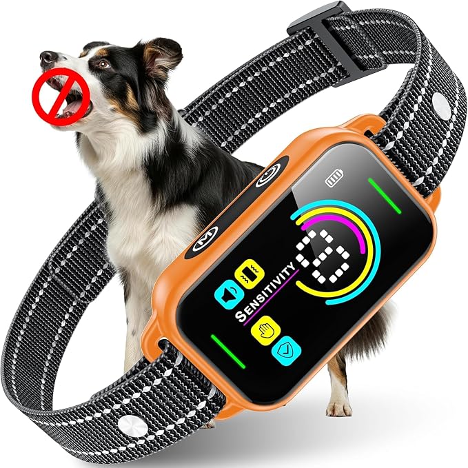 DINJOO Bark Collar for Large Medium Small Dogs - Smart AI 1S Stop Barking, Anti Barking Device & Dog Training Collar with Beep, Vibration & 8-Level Sensitivity, IP67 Waterproof - Pastel Orange
