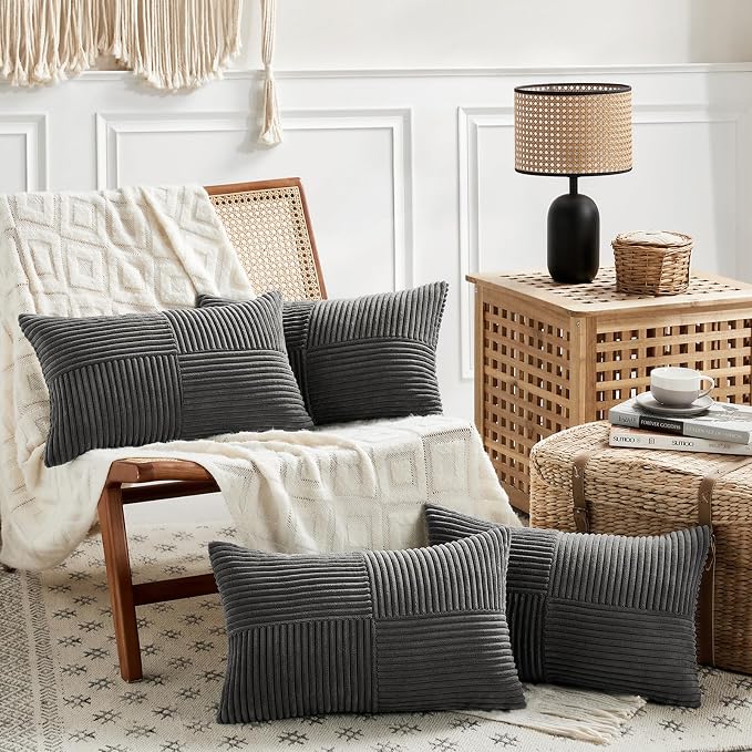 Fancy Homi Dark Gray Lumbar Decorative Throw Pillow Covers 20x28 Inch for Living Room Couch Bed Sofa, Farmhouse Home Decor, Soft Striped Corduroy Rectangle Accent Cushion Case 50x70 cm