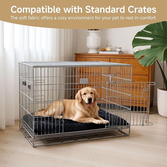 Exsnugy Washable Dog Bed Mat Medium Size Fluffy Pet Crate Pad 30x19 | Non-Slip Bottom Kennel Beds Ultra Soft Comfy Sleeping Mattress for Large Medium Small Dogs Black