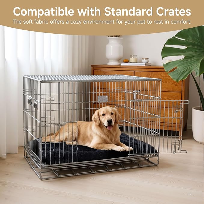 Exsnugy Washable Dog Bed Mat Large Size Fluffy Pet Crate Pad 42x28 XL | Non-Slip Bottom Kennel Beds Ultra Soft Comfy Sleeping Mattress for Large Medium Small Dogs Black
