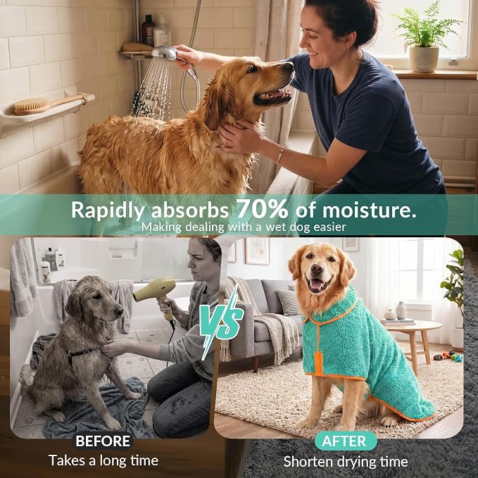 Dog Bathrobe, Super Absorbent for Small to Large Dogs, Lake Green XL | Dog Robes with Soft Fleece, Warm & Cozy, Adjustable Fit, and Quick Drying Coat for Baths Swimming and Grooming