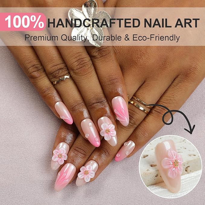Handmade Press On Nails Almond, French Tips 3D Flowers Rhinestone Water Ripple Design Short Fake Nails, Salon-Quality Reusable, Fall/Winter Gift for Women 10Pcs Pink