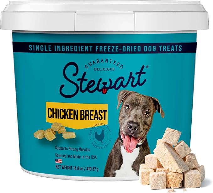 Stewart Freeze Dried Dog Treats, 100% Chicken Breast, 14.8 oz Tub | Premium Quality Raw Protein, Single Ingredient, High Protein Training Treats & Food Topper, No Refrigeration, Cat Friendly