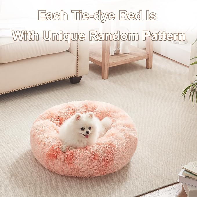 23 in Faux Fur Fluffy Donut Dog Bed for Small Dogs,Tie-dye Pink | Calming Plush Round Puppy Pet Bed with Removable & Washable Cover,Fits up to 25 lbs Pets