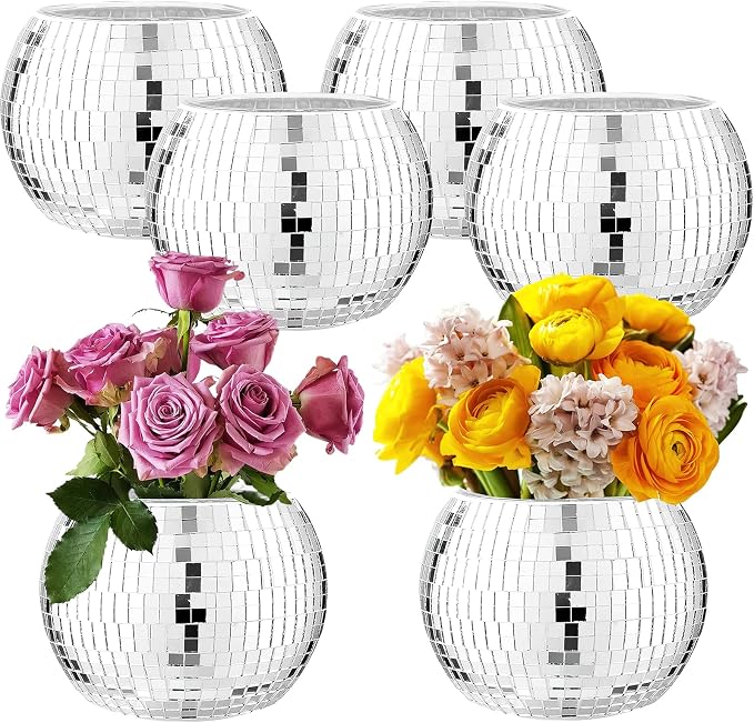 6 Pcs Silver Mirror Disco Vase - 3" X 4" Disco Ball Vase for Centerpieces, Glass Planter Candle Holder for Wedding, Birthday, Party, Office, Bedroom