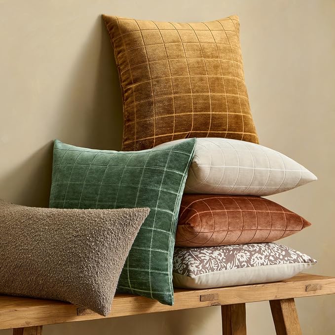 MIULEE Moss Green Plaid Decorative Euro Throw Pillow Covers 24x24 Set of 2 | Vintage, Check Chenille Couch Pillows, Neutral Boho Farmhouse Cushion Covers, Modern Home Decor for Sofa Bed Living Room