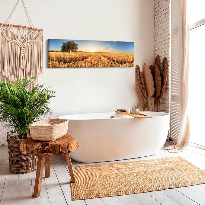Sunset Nature Forest Wall Art Wheat Field Landscape Pictures Wall Decor for Living Room Kitchen Sunrise Country Meadow Scenic Painting Farmhouse Poster Panoramic Artwork Home Bedroom Decoration 14x48”